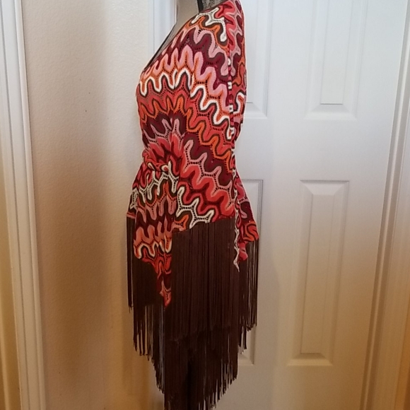 Crochet Kimono Fringe V-neck Tunic - Picture 3 of 5